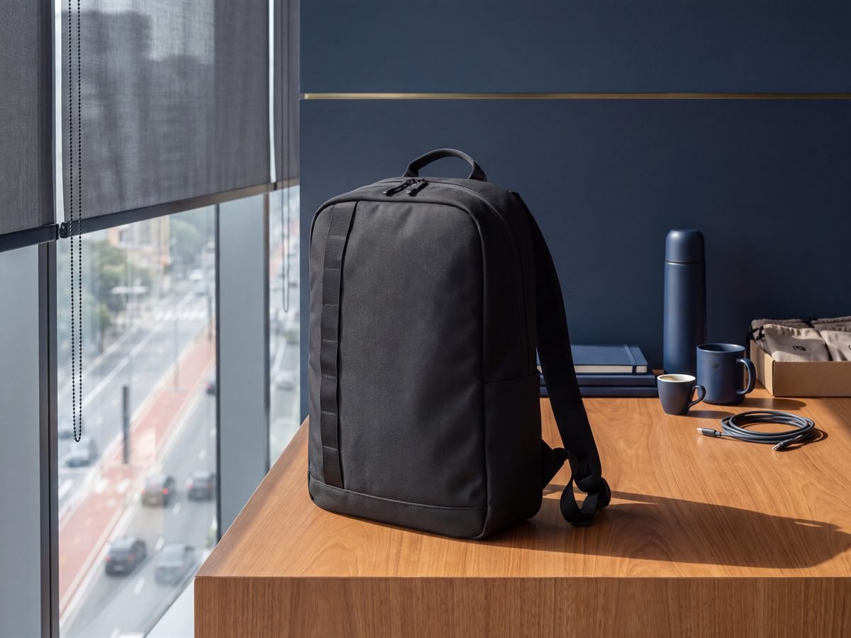 Mochila para notebook MC115P em poliéster preto fosco, apoiada sobre bancada de madeira em escritório na Faria Lima, São Paulo