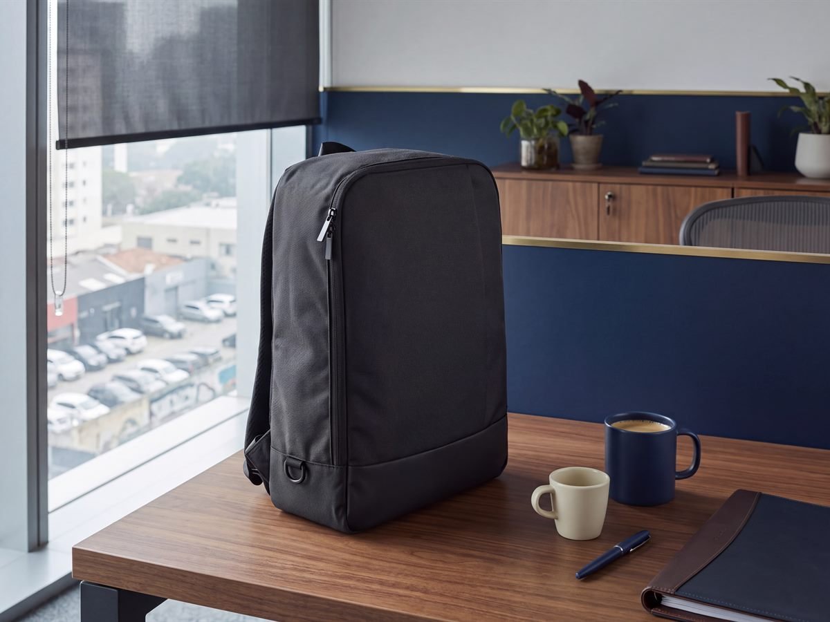 Mochila pasta executiva MC106P em poliéster preto fosco, com alça de mão no topo, apoiada sobre mesa de reunião em escritório na Faria Lima, São Paulo