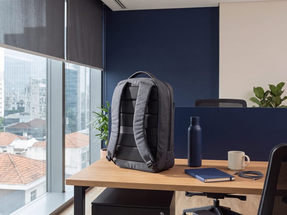 Mochila Premium para notebook MC760P em poliéster grafite mesclado, vista de três quartos por trás mostrando as alças acolchoadas e o painel de costas em mesh, apoiada sobre mesa de madeira em escritório na Faria Lima, São Paulo
