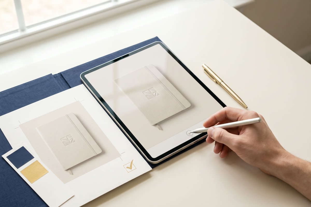 Aprovação do mockup do produto personalizado em um tablet, antes da produção.