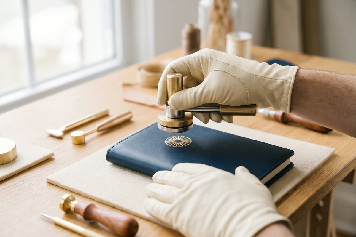 Gravação personalizada em hot-stamping dourado aplicada a um produto premium.