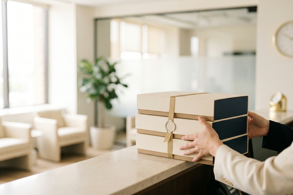Caixas de presente corporativo premium sendo entregues na recepção de um escritório.
