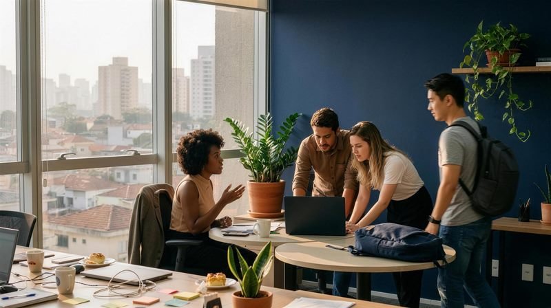 Equipe brasileira diversa em escritório de São Paulo, com mochilas corporativas sobre a mesa e no ombro de um colaborador